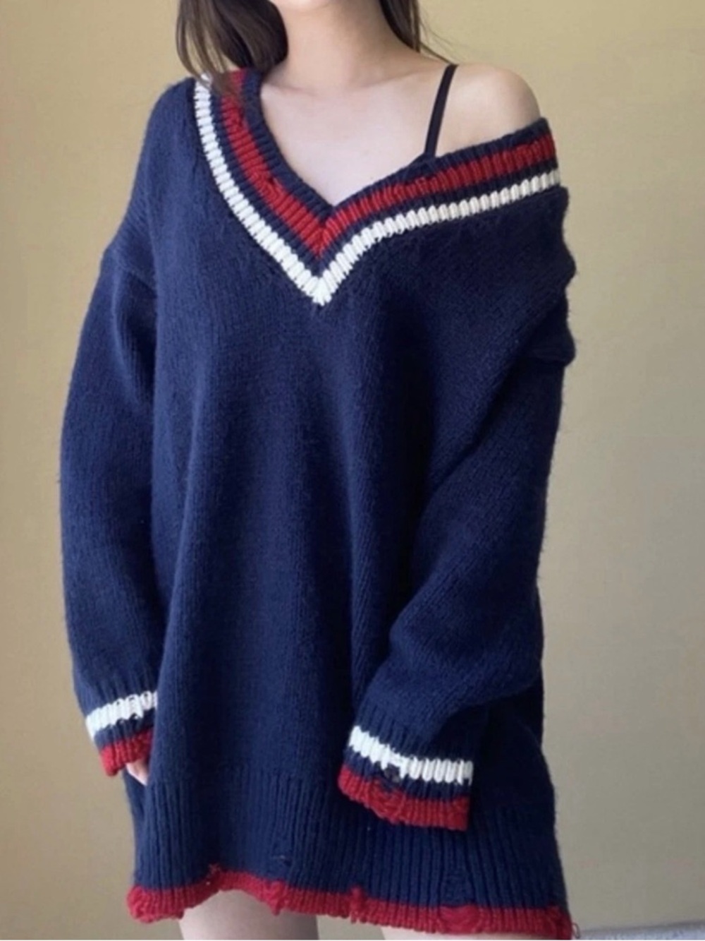 Zara Navy V-Neck Oversized Sweater with Red & White Trim